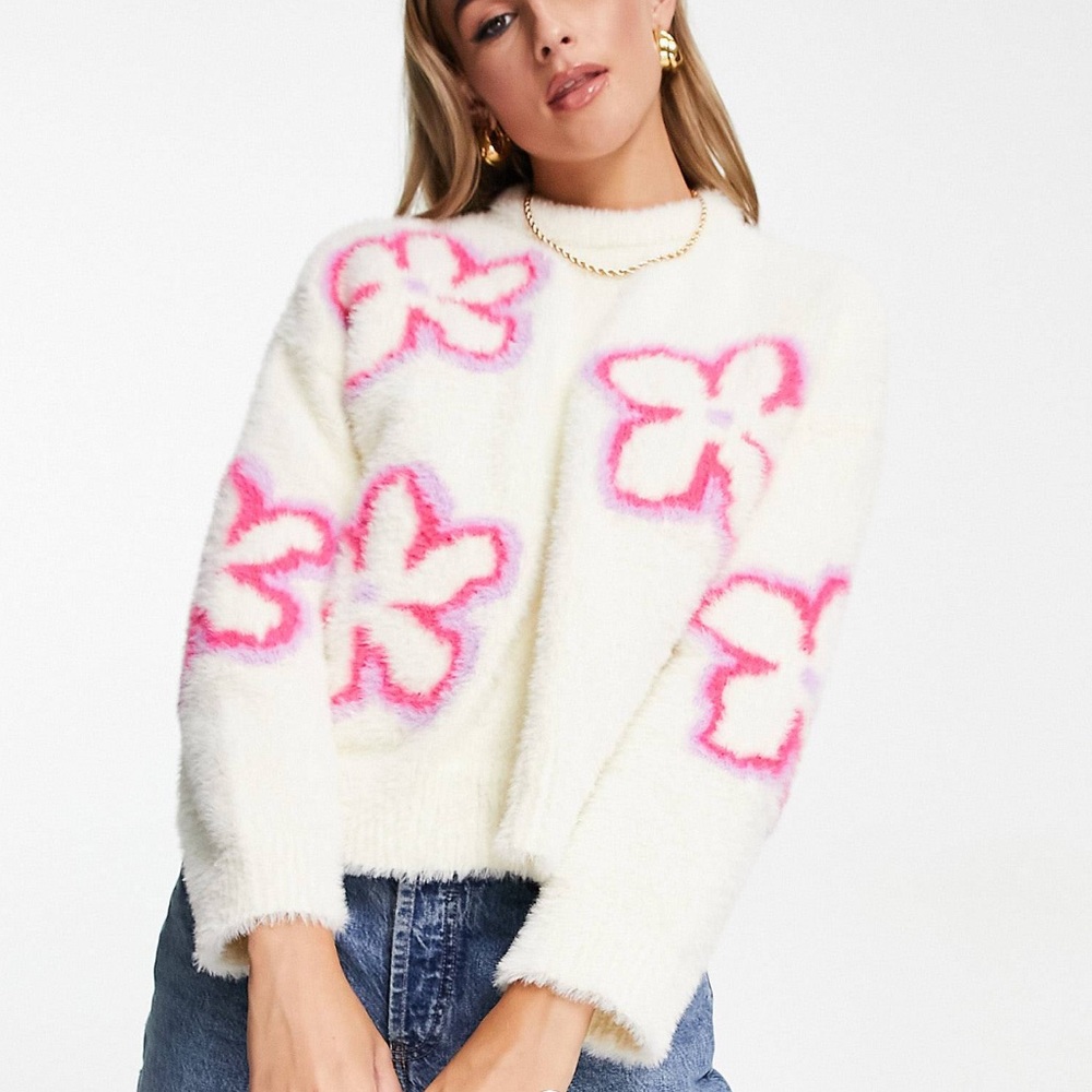 Bershka Fluffy Floral Sweater in White